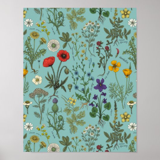 Bloemencollage op blauw poster (Voorkant)