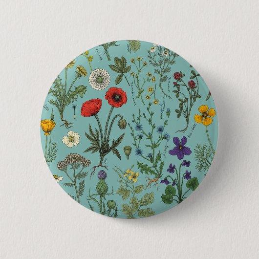 Bloemencollage op blauw ronde button 5,7 cm (Voorkant)