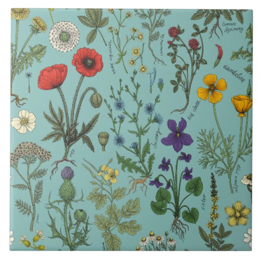 Bloemencollage op blauw tegeltje (Voorkant)