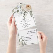 Bloemencrème off witte Rozen groen bruiloft All In One Uitnodiging (Afscheurbaar)