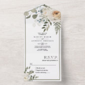 Bloemencrème off witte Rozen groen bruiloft All In One Uitnodiging (Binnen)