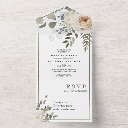 Bloemencrème off witte Rozen groen bruiloft All In One Uitnodiging (Binnen)