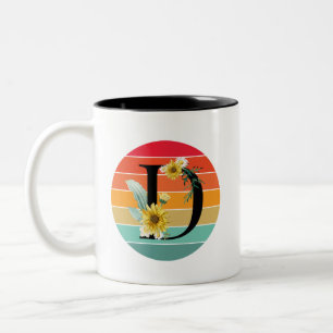 Bloemend Alphabet D Retro Zonsondergang Monogram Tweekleurige Koffiemok