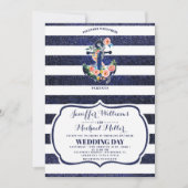 Bloemend anker op gestreepte trouw  kaart (Voorkant)