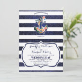 Bloemend anker op gestreepte trouw  kaart (Staand voorkant)