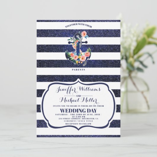 Bloemend anker op gestreepte trouw  kaart (Staand voorkant)