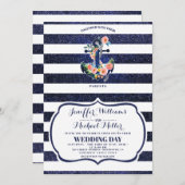 Bloemend anker op gestreepte trouw  kaart (Voorkant / Achterkant)