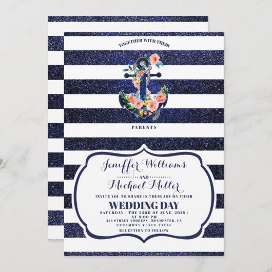 Bloemend anker op gestreepte trouw  kaart (Voorkant / Achterkant)