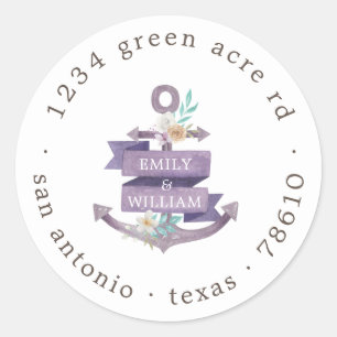 bloemend anker paarse monogram retouradres ronde sticker