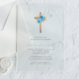 Bloemend blauw gouden kruisdoop acryl uitnodigingen