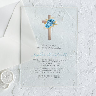 Bloemend blauw gouden kruisdoop acryl uitnodigingen