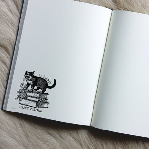 Bloemend Ekslibris Boekplaat, Vintage Kat Boek  Rubberstempel