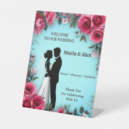 🌷 Bloemend Huwelijkskoppel in Turquoise en Roze � Reclamebord Met Voetstuk