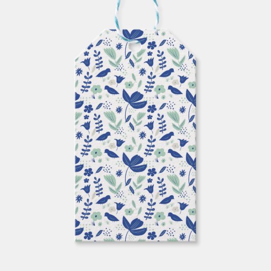 Bloemend moderne blauwe en mintgroene tulpen & vog cadeaulabel (Voorkant)