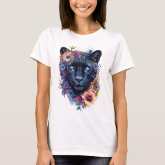 Bloemend Panther Kunstontwerp | Kleurrijke Zwarte  T-shirt