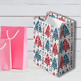 Bloemend rode en blauwe Scandinavische Kerstboom Medium Cadeauzakje