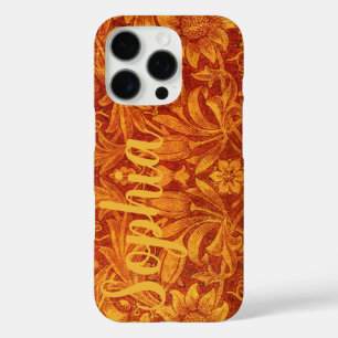 Bloemend rode en goudgele Wm Morris Voeg een naam iPhone 16 Pro Hoesje