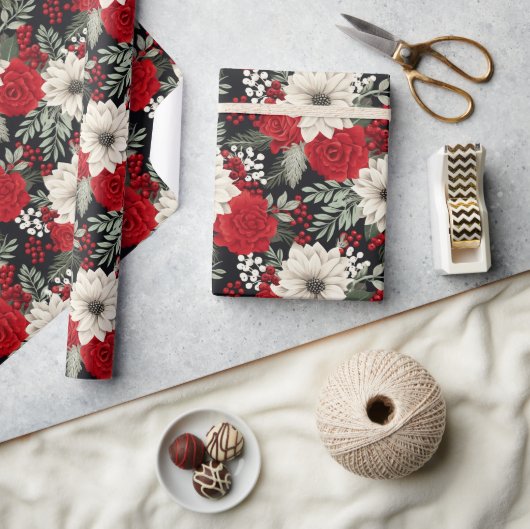 Bloemend rode witte Kerstpatroon Cadeau Cadeaupapier (Crafts)