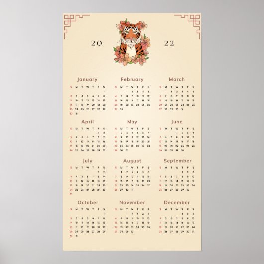 Bloemend Tiger Chinees Nieuwjaar 2022 Kalender Zan Poster (Voorkant)