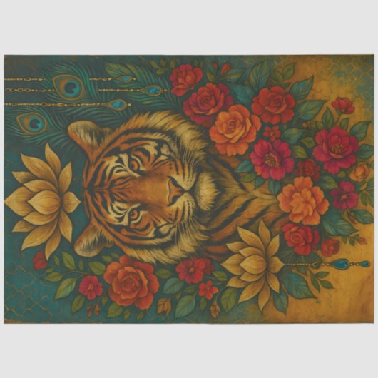 Bloemend Tiger Portret – Botanisch Dierendecoupeer Tissuepapier (Voorkant)