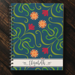 Bloemendamask Zonnebloem Boho Marineblauw Volkskun Notitieboek