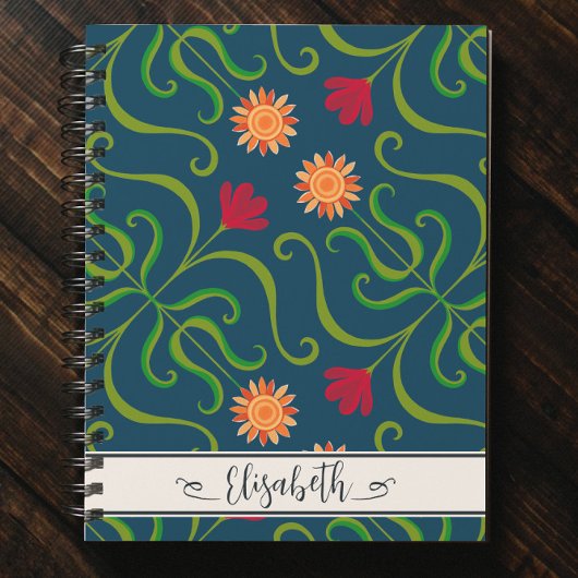 Bloemendamask Zonnebloem Boho Marineblauw Volkskun Notitieboek