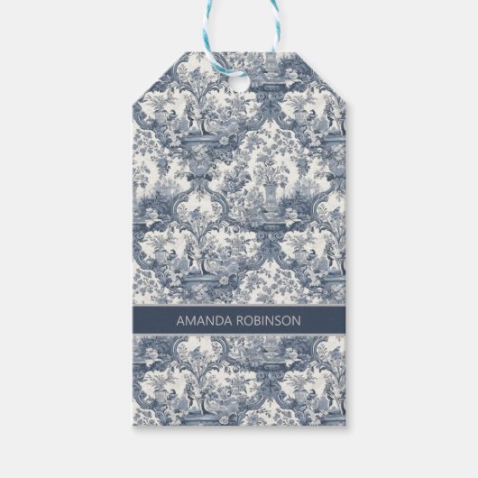  bloemendamast Blauw toile de jouy monogram Cadeaulabel (Voorkant)