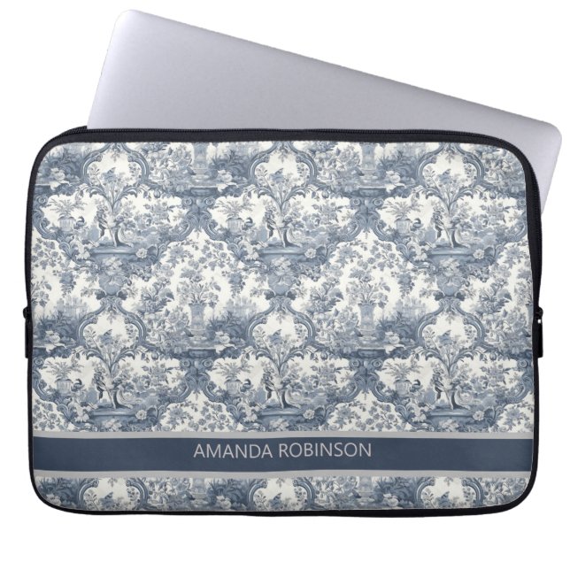  bloemendamast Blauw toile de jouy monogram Laptop Sleeve (Voorkant)
