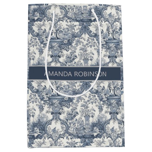  bloemendamast Blauw toile de jouy monogram Medium Cadeauzakje (Voorkant)