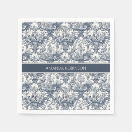  bloemendamast Blauw toile de jouy monogram Servet (Voorkant)