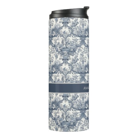  bloemendamast Blauw toile de jouy monogram Thermosbeker (Gedraaid links)