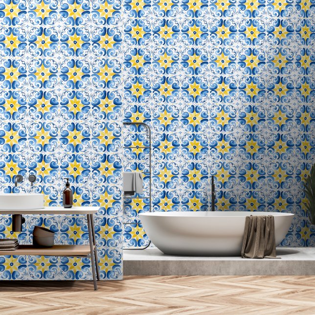 Bloemendecor Blauw Geel Mediterraan Tegeldesign Behang (Badkamer)
