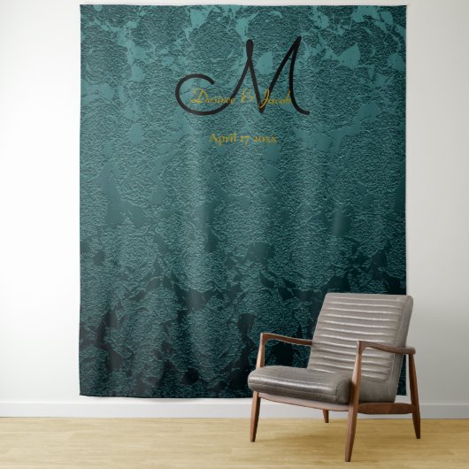 Bloemendecor donker teal zwart goud Monogram Fotoc Wandkleed (In situ)