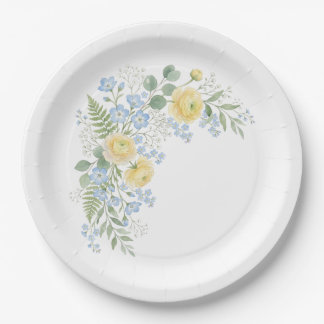 Bloemendecor in blauw geel baby shower papieren bordje