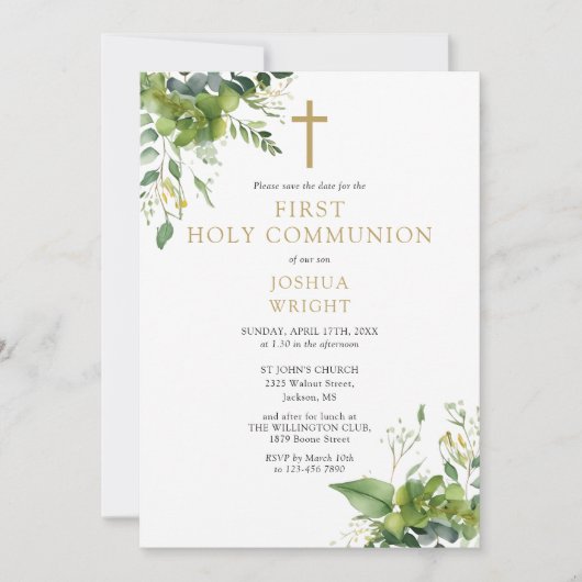 Bloemendecor met groen en monogram Eerste Heilige Save The Date (Voorkant)