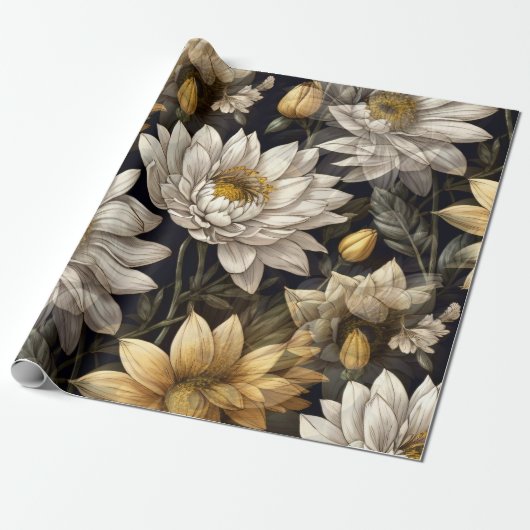 bloemendecor op zwarte achtergrond cadeaupapier (Uitgerold)