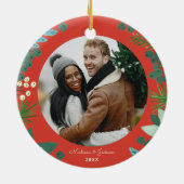 Bloemendecor rood Ons eerste kerstfeest Keramisch Ornament (Achterkant)