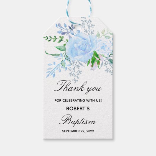 Bloemendecoratie blauwe jongensdoop geschenklabels cadeaulabel (Voorkant)