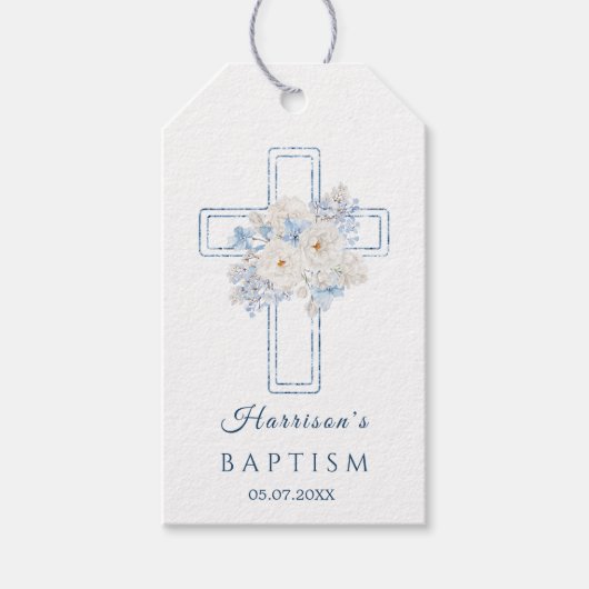 Bloemendecoratie blauwe kruisdoop geschenklabel cadeaulabel (Voorkant)