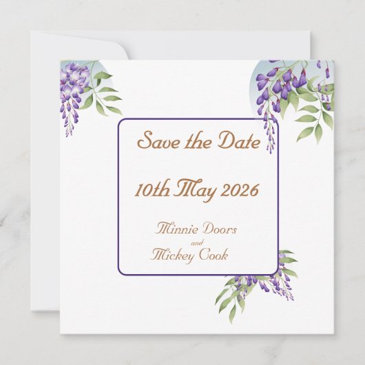 Bloemendecoratie van blauwe regen save the date (Voorkant)