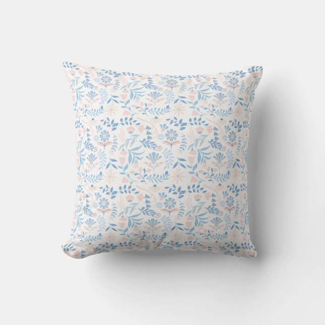 Bloemendesign boho blokprint blauwe roze meisjesac kussen (Voorkant)
