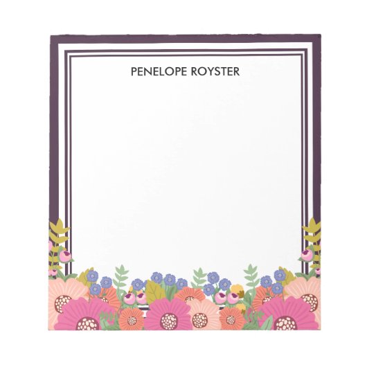 Bloemendesign Donkerpruim Wit Naam Notitieblok (Voorkant)