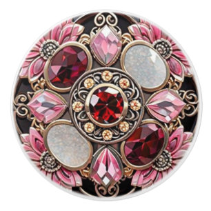Bloemendesign in rood robijn met sierlijk zilver keramische knop