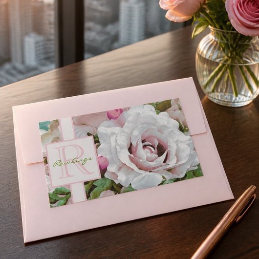Bloemendesign | Roze Roos | Monogram Rechthoekige Sticker