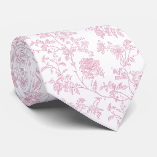Bloemendesign roze toile de jouy stropdas (Opgerold)