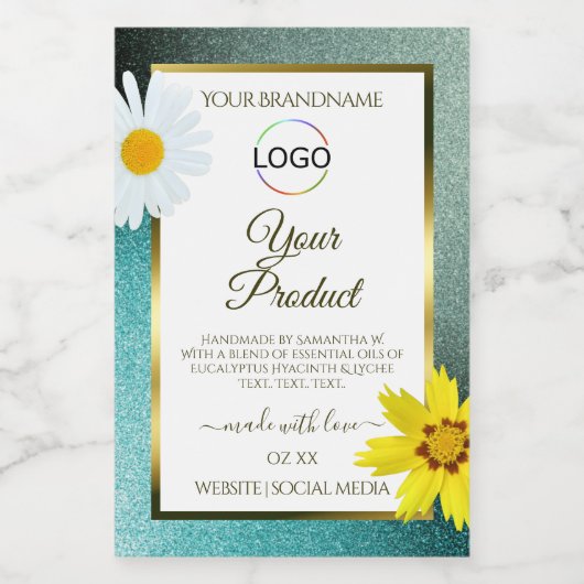 Bloemendesign Teal Blauwe Glitter Witte Productlab Voedselcontainer Etiket (Enkel label)