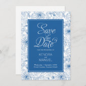 Bloemendessin Franse blauwe chinoiserie bruiloft Save The Date (Voorkant / Achterkant)