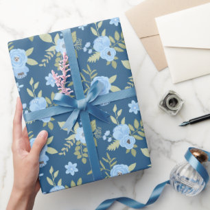 Bloemendessin Navyblauw Groenblauw Strepen Cadeaupapier