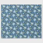 Bloemendessin Navyblauw Groenblauw Strepen Cadeaupapier (Vlak)