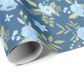 Bloemendessin Navyblauw Groenblauw Strepen Cadeaupapier (Rol Hoek)